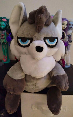 a small plushie of Jayson the Husky, featuring plastic eyes!