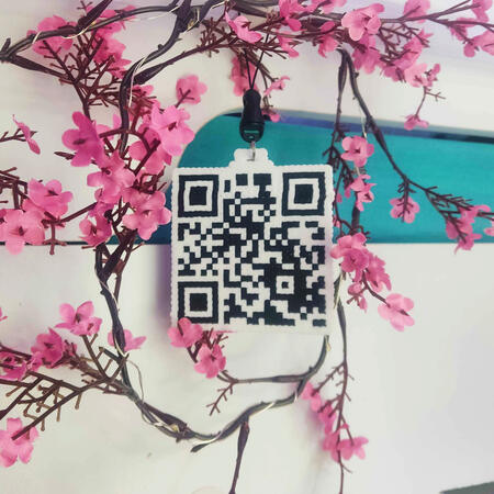 a perler bead qr code badge for your lanyard!